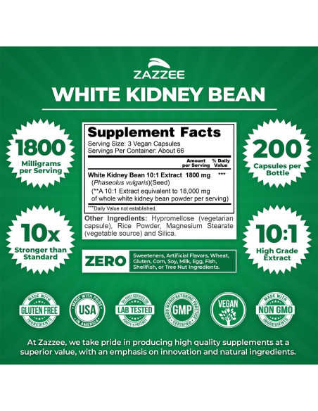 Extracto de Frijol Blanco Zazzee 10:1 1800 mg 200 Cápsulas Veganas