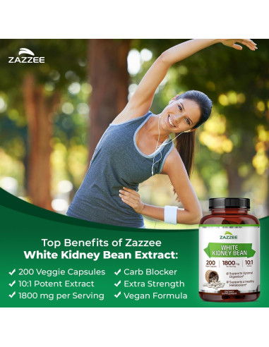 Extracto de Frijol Blanco Zazzee 10:1 1800 mg 200 Cápsulas Veganas