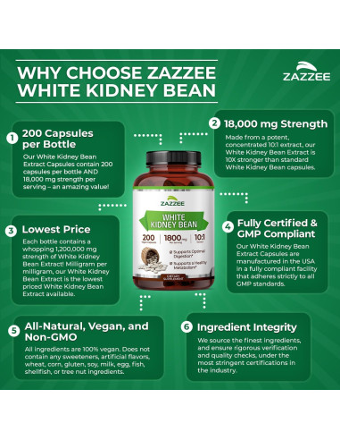 Extracto de Frijol Blanco Zazzee 10:1 1800 mg 200 Cápsulas Veganas
