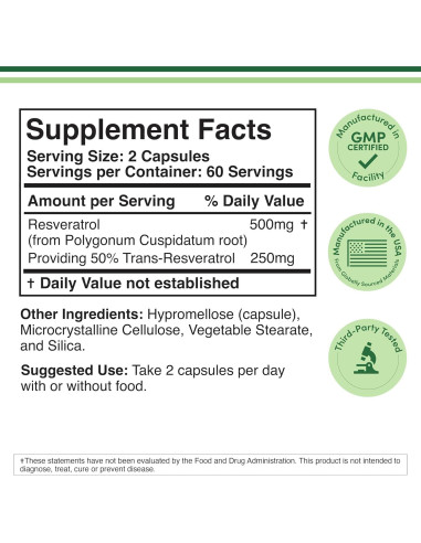 Suplemento de Resveratrol 500mg Double Wood 120 Cápsulas