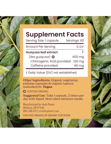 Cápsulas de Guayusa Herb Pharm 60 Veganas 400 mg Energía