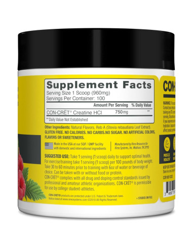 CON-CRET Creatina HCl en Polvo Frambuesa 100 Porciones