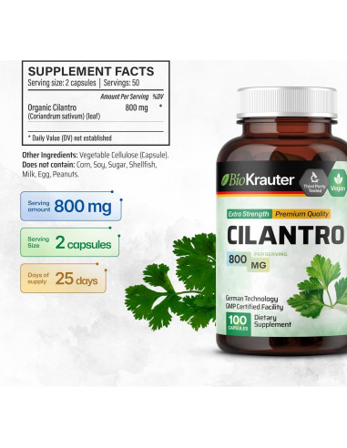 Cápsulas de Cilantro BioKrauter 800 mg - 100 pcs Veganas Detox