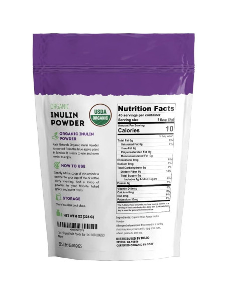 Polvo de Inulina Orgánica Kate Naturals 226.8g Fibra Prebiótica