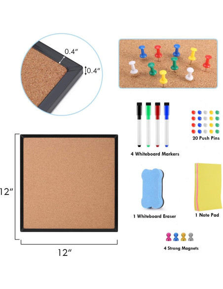Tablero de Corcho y Pizarra Blanca Magnética KYSHop 4 Piezas 30x30cm