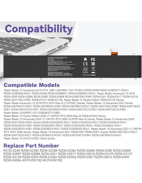 Batería de Laptop TREE.NB RC30-0248 para Razer Blade 15 80Wh