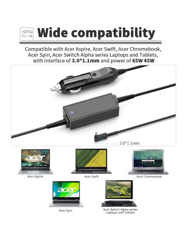 Cargador de coche 65W para portátiles Acer Aspire 1 3 5