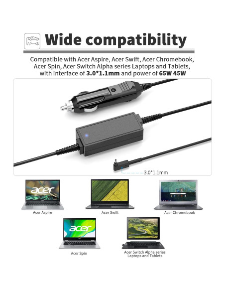 Cargador de coche 65W para portátiles Acer Aspire 1 3 5