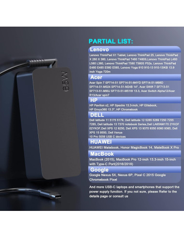 Cargador USB-C 65W Lenovo Adaptador de Corriente para Laptops