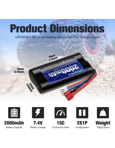 Batería Li-ion URGENEX 7.4V 2000mAh con conector Dean T para coches RC