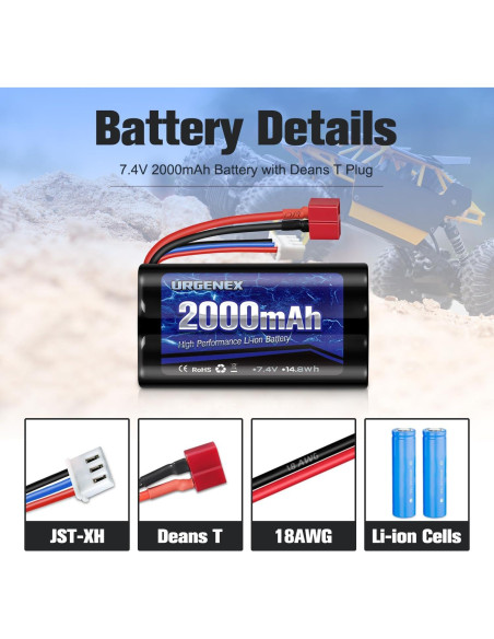 Batería Li-ion URGENEX 7.4V 2000mAh con conector Dean T para coches RC