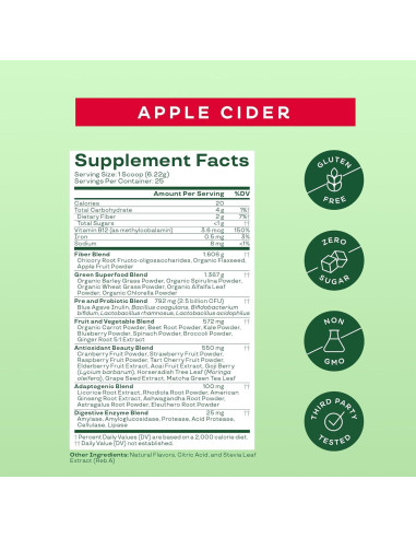 Polvo de Superalimentos Bloom Nutrition Greens 25 Porciones Sidra de Manzana