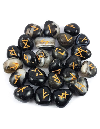 Conjunto de Piedras Rúnicas de Ónix Negro - Alfabeto Vikingo