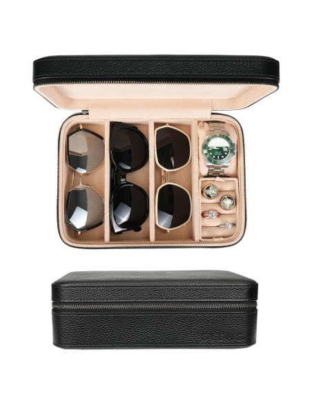 Estuche de Gafas de Sol SYENS de Cuero Negro con 4 Compartimentos