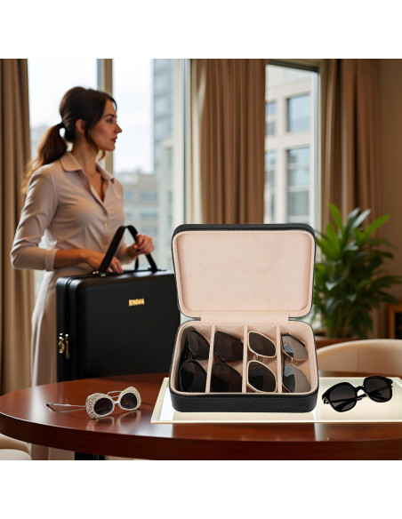 Estuche de Gafas de Sol SYENS de Cuero Negro con 4 Compartimentos