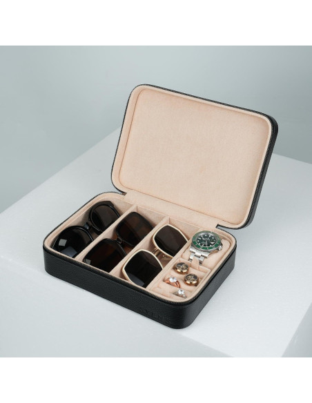 Estuche de Gafas de Sol SYENS de Cuero Negro con 4 Compartimentos