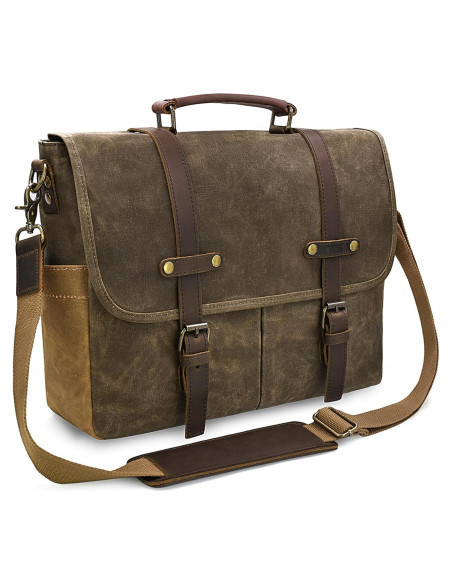 Bolsa Mensajera Impermeable NEWHEY 15.6" Cuero y Lona Café