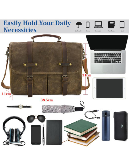 Bolsa Mensajera Impermeable NEWHEY 15.6" Cuero y Lona Café