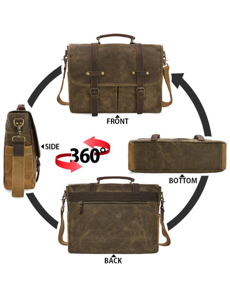 Bolsa Mensajera Impermeable NEWHEY 15.6" Cuero y Lona Café