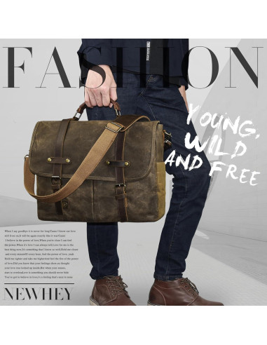 Bolsa Mensajera Impermeable NEWHEY 15.6" Cuero y Lona Café