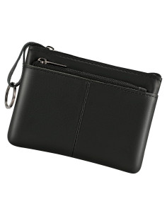 Monedero de Cuero Genuino Negro con Triple Cremallera y Porta Llaves
