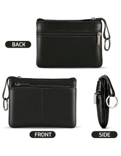 Monedero de Cuero Genuino Negro con Triple Cremallera y Porta Llaves 2