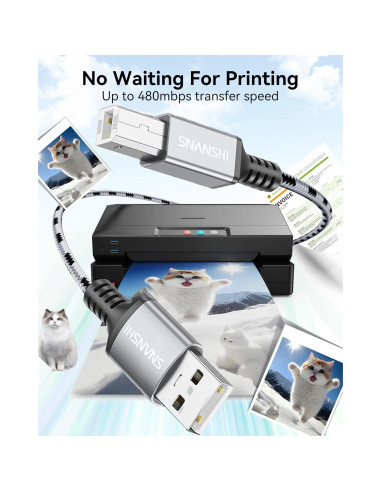 Cable de Impresora USB 2.0 SNANSHI 1.83m - A a B, Alta Velocidad