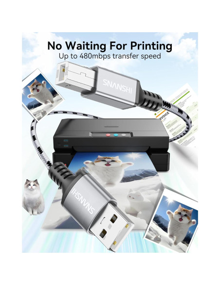 Cable de Impresora USB 2.0 SNANSHI 1.83m - A a B, Alta Velocidad