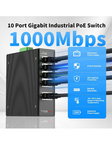 Conmutador POE Industrial 8 Puertos Gigabit Real HD 52V