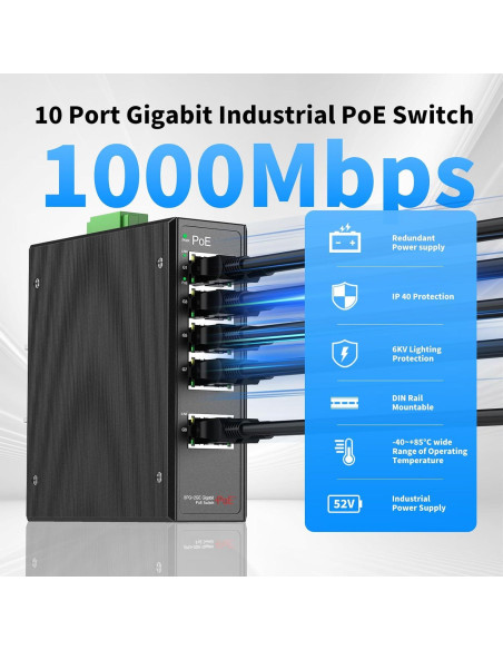 Conmutador POE Industrial 8 Puertos Gigabit Real HD 52V
