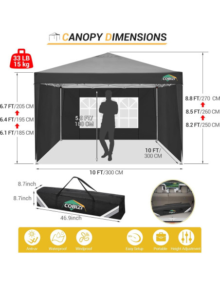 Carpa Plegable 3 Paredes COBIZI 10x10m Impermeable Negra