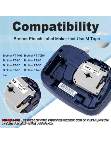 Cinta de Etiqueta Labelife M-K231 12mm Negro sobre Blanco - 6 Paquete