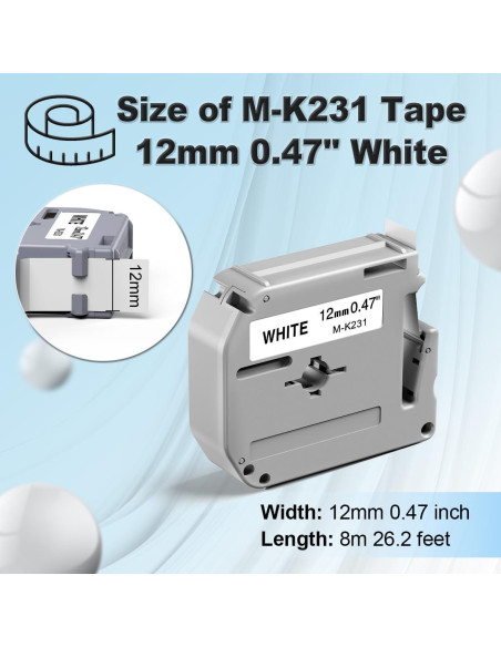 Cinta de Etiqueta Labelife M-K231 12mm Negro sobre Blanco - 6 Paquete