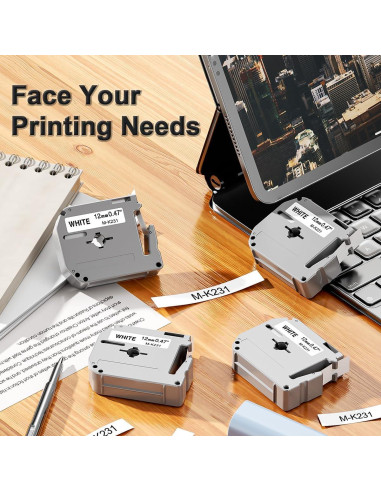 Cinta de Etiqueta Labelife M-K231 12mm Negro sobre Blanco - 6 Paquete