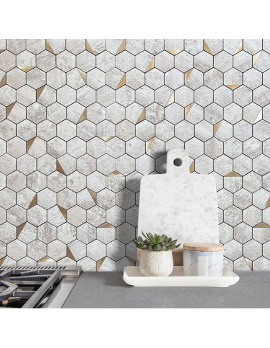 Azulejo Hexagonal Autoadhesivo DICOFUN Beige y Dorado 30.48x30.48cm