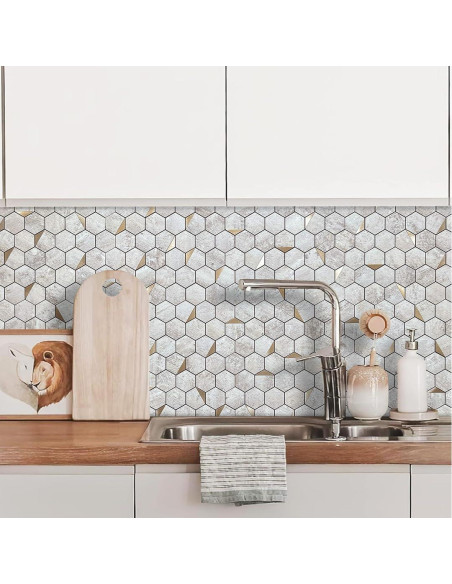 Azulejo Hexagonal Autoadhesivo DICOFUN Beige y Dorado 30.48x30.48cm