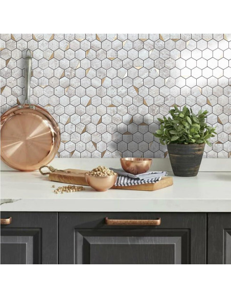 Azulejo Hexagonal Autoadhesivo DICOFUN Beige y Dorado 30.48x30.48cm