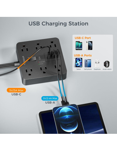 Regleta de Enchufes TESSAN 1.5m 6 Salidas 3 USB Carga Rápida