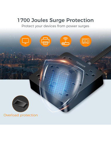 Regleta de Enchufes TESSAN 1.5m 6 Salidas 3 USB Carga Rápida