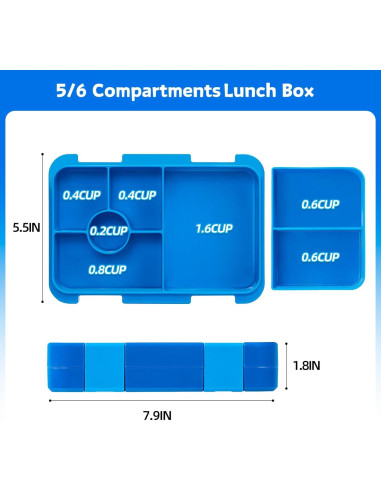 Caja de Almuerzo Bento Azul para Niños 6 Compartimentos BPA Free