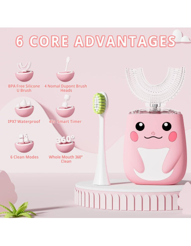 Cepillo de dientes eléctrico ELOTAME U para niños 2-7 años Rosa