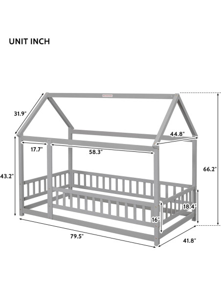 Cama en el Suelo Twin Bellemave Casa de Madera Gris