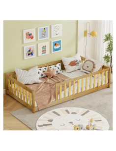 Cama de Piso Twin Bellemave de Madera con Barandillas Natural