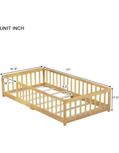 Cama de Piso Twin Bellemave de Madera con Barandillas Natural 2