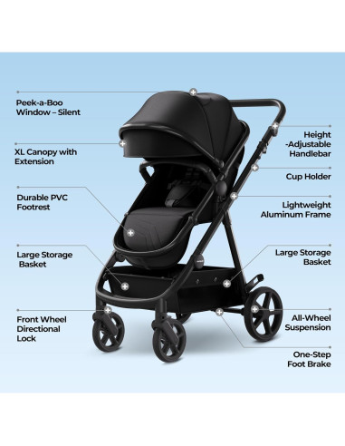 Carriola Estándar Mompush Meteor 2 en 1 Negra con Adaptador