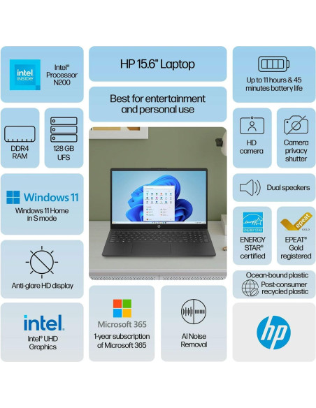 Laptop HP 15.6" HD, Intel Quad-Core N200, 16GB RAM, 128GB SSD, Windows 11