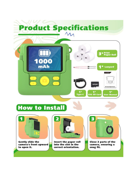 Cámara Instantánea para Niños Careenoah 1080P Verde 32GB