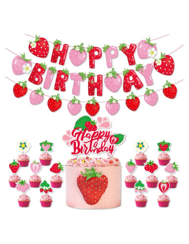 Decoraciones de Fiesta de Cumpleaños de Fresa SnowCow - Banner y Adornos