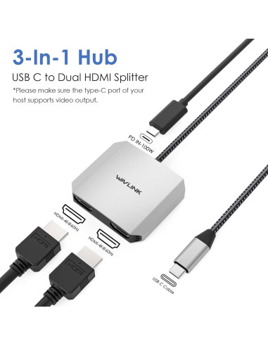 Adaptador USB C a Doble HDMI WAVLINK 4K 87W PD para Portátiles