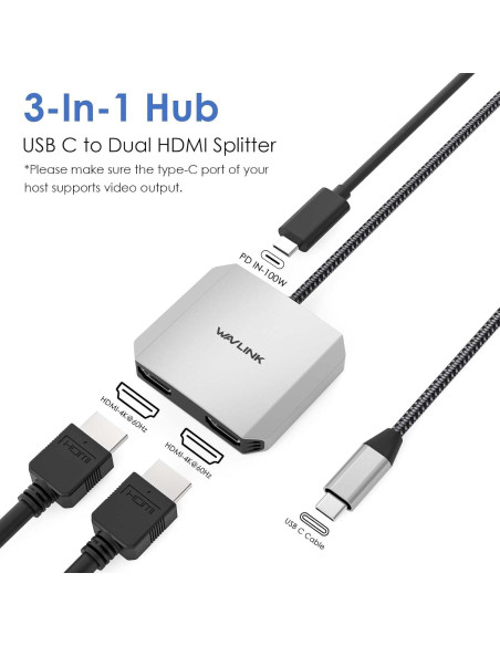 Adaptador USB C a Doble HDMI WAVLINK 4K 87W PD para Portátiles